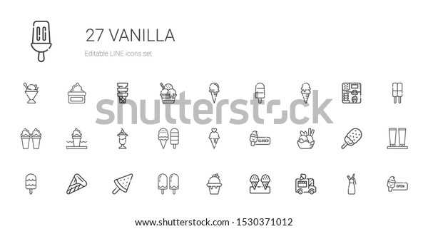 vanilla icons set. Collection of vanilla\
with ice cream car, ice cream, popsicle, ice cream cone, whipped\
sorbet. Editable and scalable vanilla\
icons.