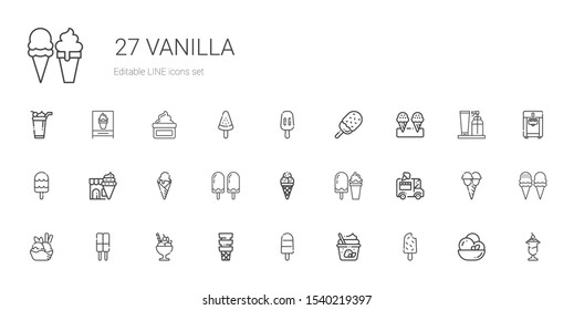 vanilla icons set. Collection of vanilla with popsicle, ice cream, ice cream car, ice cream machine, cream. Editable and scalable vanilla icons.