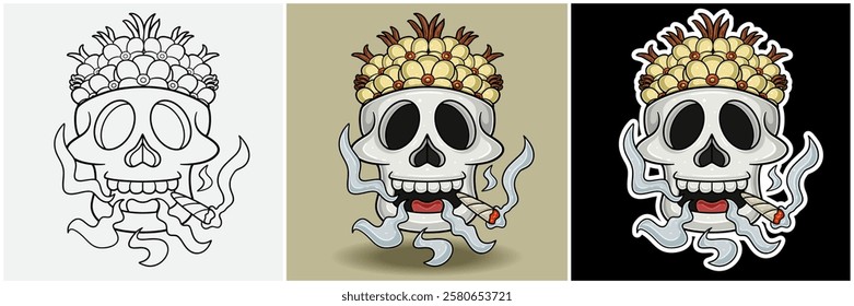 Vanilla Inside Skull Head With Smoking Character Cartoon. Black White, Colorful and Sticker Style. For T shirt print, Brand Logo, Label and Mascot product. Vectors Illustrations