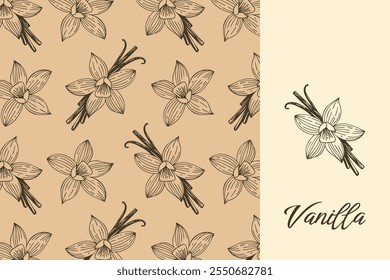 Vanilla label for aromatic spices, pattern with flowers and vanilla sticks on craft paper. Vector illustration