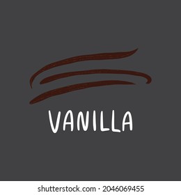Vainilla con letras. Especias planas para postres aisladas en un fondo oscuro.
