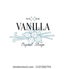 Vanilla logo original design estd 1978, culinary spice emblem, badge for cosmetics, bakery, bake shop, natural products vector Illustration on a white background