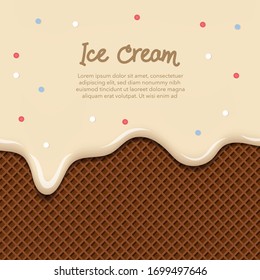 Vanilla milk ice cream melted on chocolate waffle cone background collection