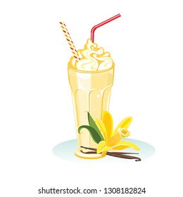 Vanilla milk shake in glass with straw isolated on white background. Vector illustration of refreshing cocktail with fresh fruit in cartoon simple flat style.