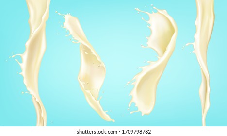 Vanilla milk splash and stream. Vector realistic mockup of spiral waves of liquid cream, yogurt, dairy drink. Twisted flow of milk with splash and drops isolated on blue background