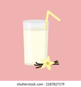 Vanilla milkshake in a glass with a straw flat illustration