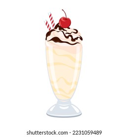 Vanilla milkshake with whipped cream and chocolate topping icon vector. Glass of milkshake with cherry on top icon isolated on a white background. Cup of vanilla milk drink drawing