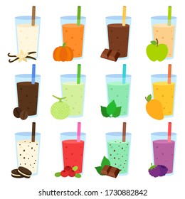 Vanilla, mint, chocolate, coffee drinks graphics. Healthy fruit & vegetable smoothies vector set. Blended juices clip art collection. Cute bright colorful illustration in simple flat style. Eps10.