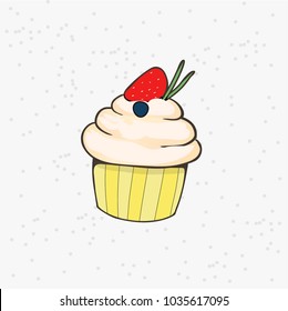 Vanilla muffin with strawberry in yellow paper form, vector