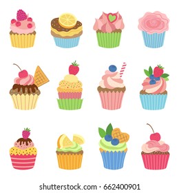 Vanilla muffins and cupcakes with chocolate. Vector illustration in flat style