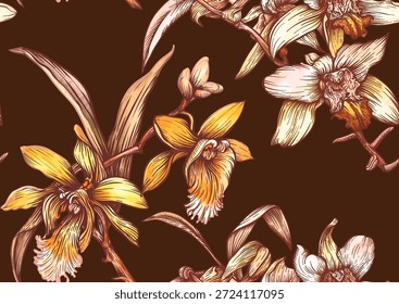 Orquídea de vainilla patrón botánico sin fisuras. Flores de vainilla dibujadas a mano hojas vainas en estilo decorativo vintage. Diseño de especias culinarias exóticas para Fondo de pantalla textil horneado de alimentos dulces.
