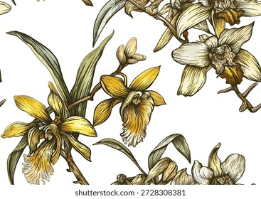 Vanilla orquídea padrão botânico sem emenda. Flores de baunilha desenhadas à mão folhas vagens em estilo decorativo vintage. Design de tempero culinário exótico para o papel de parede têxtil assar temas de cozinha de comida doce.