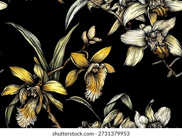 Vanilla orquídea padrão botânico sem emenda. Flores de baunilha desenhadas à mão folhas vagens em estilo decorativo vintage. Design de tempero culinário exótico para o papel de parede têxtil assar temas de cozinha de comida doce.