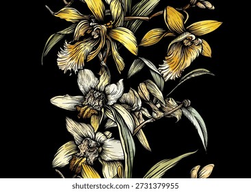 Vanilla orquídea padrão botânico sem emenda. Flores de baunilha desenhadas à mão folhas vagens em estilo decorativo vintage. Design de tempero culinário exótico para o papel de parede têxtil assar temas de cozinha de comida doce.