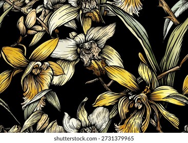 Orquídea de vainilla patrón botánico sin fisuras. Flores de vainilla dibujadas a mano hojas vainas en estilo decorativo vintage. Diseño de especias culinarias exóticas para Fondo de pantalla textil horneado de alimentos dulces.