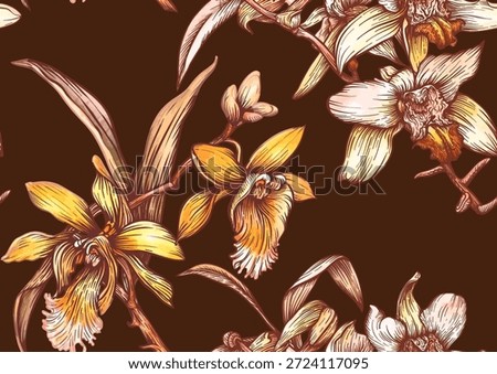 Vanilla orchid botanical seamless pattern. Hand drawn vanilla flowers leaves pods in vintage decorative style. Exotic culinary spice design for textile wallpaper baking sweet food kitchen themes.