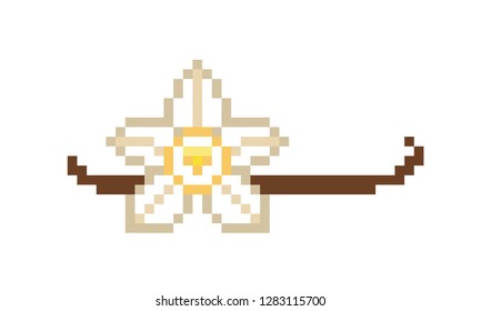 Vanilla orchid flower and dried vanilla pod, 8 bit pixel art icon isolated on white. Food, cosmetic product, perfume package design element. Exotic spice symbol. Aromatic cooking&baking ingredient.