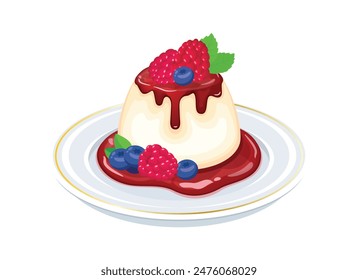 Vanilla Panna Cotta with fruit sauce vector illustration. Berry fruit Panna Cotta on a plate icon isolated on a white background. Gelatin creamy dessert with raspberries and blueberries drawing