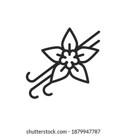 Vanilla pods and flower with caption black line icon. Vector illustration