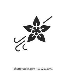 Vanilla pods and flower with caption black glyph icon. Vector illustration