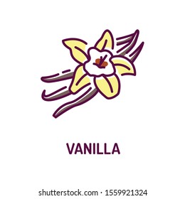 Vanilla pods and flower with caption color line icon. Spices, seasoning. Cooking ingredient. Pictogram for web page, mobile app, promo.