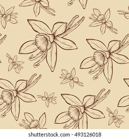 Vanilla pods and flower seamless pattern in engraved style. Vanilla hand drawn sketch vector illustration on beige. Vanilla stick. Dessert spice in vintage style. Doodle design cooking ingredient 
