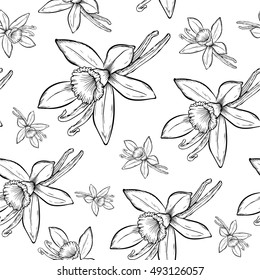 Vanilla pods and flower seamless pattern in engraved style. Vanilla hand drawn sketch vector illustration on white. Vanilla stick. Dessert spice in vintage style. Doodle design cooking ingredient 
