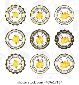 Vanilla pods and flowers.  Circle stamps and stickers. Vector decorative isolated elements for package design.