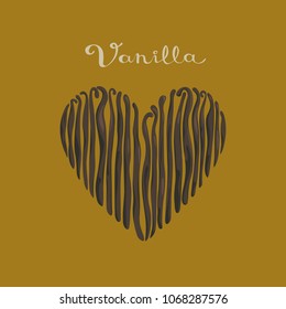   Vanilla pods in a heart shape on the yellow background vector isolated illustration