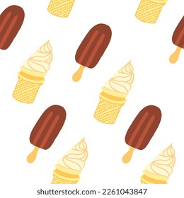 Vanilla und Popsicle Eis. Vektornahtloses Muster im Cartoon-Stil, einzeln auf weißem Hintergrund.