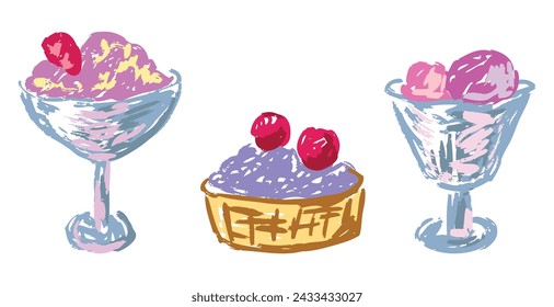 Vanilla popsicles in glass vases and ice cream in waffle basket, hand drawn vector illustration isolated on white