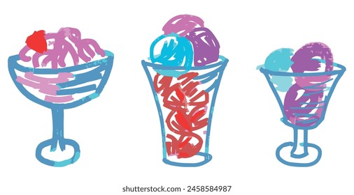 Paletas de vainilla en jarrones de vidrio, juego de helados, garabatos coloridos, Ilustración vectorial dibujada a mano aislada en blanco