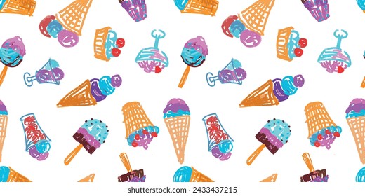 Paletas de vainilla en conos de gofre, en tazas de gofre, en jarrones de vidrio, juego de helados, patrón sin fisuras, garabatos coloridos, dibujos vectoriales a mano, papel pintado, papel, textil