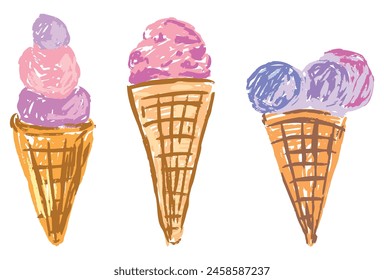 Paletas de vainilla en conos de gofre, juego de helados, Vector dibujado a mano aislado en blanco