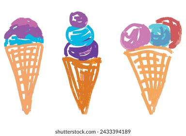 Vanilla popsicles in waffle cones,colorful doodles, ice cream set,vector hand drawn isolated on white