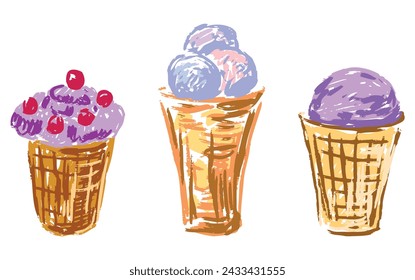 Vanilla popsicles in waffle cups, ice cream set, hand drawn vector illustration isolated on white