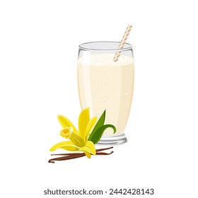 Vanilla protein shake in glass isolated on white background. Vector cartoon illustration.