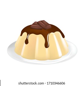 Vanilla pudding with chocolate topping and chocolate cubes on the top, vector