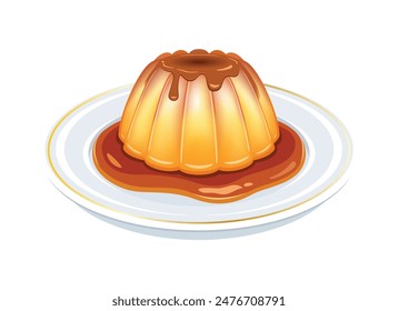 Vanilla pudding custard with caramel sauce icon vector. Custard creamy dessert with caramel sauce on a plate icon on a white background. Gelatin pudding drawing. Yellow pudding cake illustration