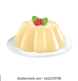 Vanilla pudding with raspberry in plate. vector