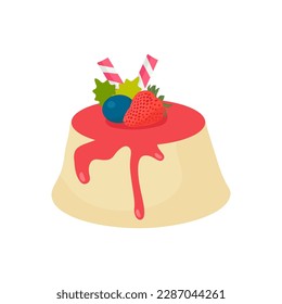 Vanilla pudding with strawberry sauce vector illustration. Cartoon isolated milk gelatin dessert on plate with berry decoration, soft panna cotta and custard cream, delicious creamy pudding snack