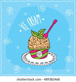 Vanilla scoop of ice cream with mint leaves in a paper colorful cup with a pink spoon, lie on a lacy napkin. Blue background. Handmade cartoon style. Vector illustration