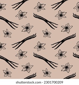 Vanilla. Seamless repeating pattern with fragrant spice. Bouquet of vanilla plant. Illustration of a floral background. Hand drawn. Design element.Food, drinks, cosmetics.Vector