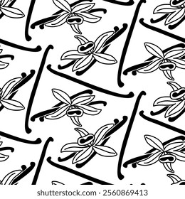 vanilla silhouette pattern. Vanilla sticks, vanilla flower and pods. aroma, the food. Hand-drawn. Vector illustration of an orchid flower and pods on a white. spices, condiments for sweet food