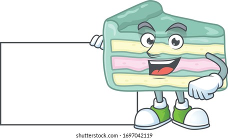 Vanilla slice cake cartoon character concept Thumbs up having a white board