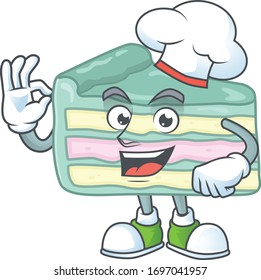 Vanilla slice cake cartoon design style proudly wearing white chef hat