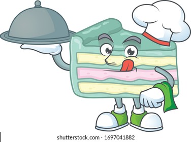 A vanilla slice cake chef cartoon design with hat and tray