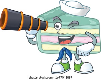 Pastel de vainilla al estilo de personaje de caricatura de Sailor usando un binocular