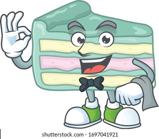 A vanilla slice cake waiter cartoon character ready to serve
