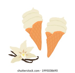 Vanilla soft ice cream in a waffle cone. For holiday, celebration, weekend menu, summer menu.